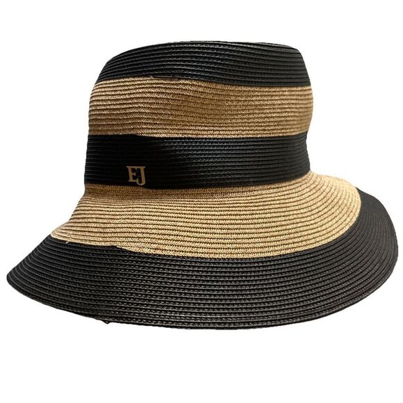 $240 New Eric Javits Women\'s Packable Stripe Bucket Straw Hat~ Black and Tan main image 6